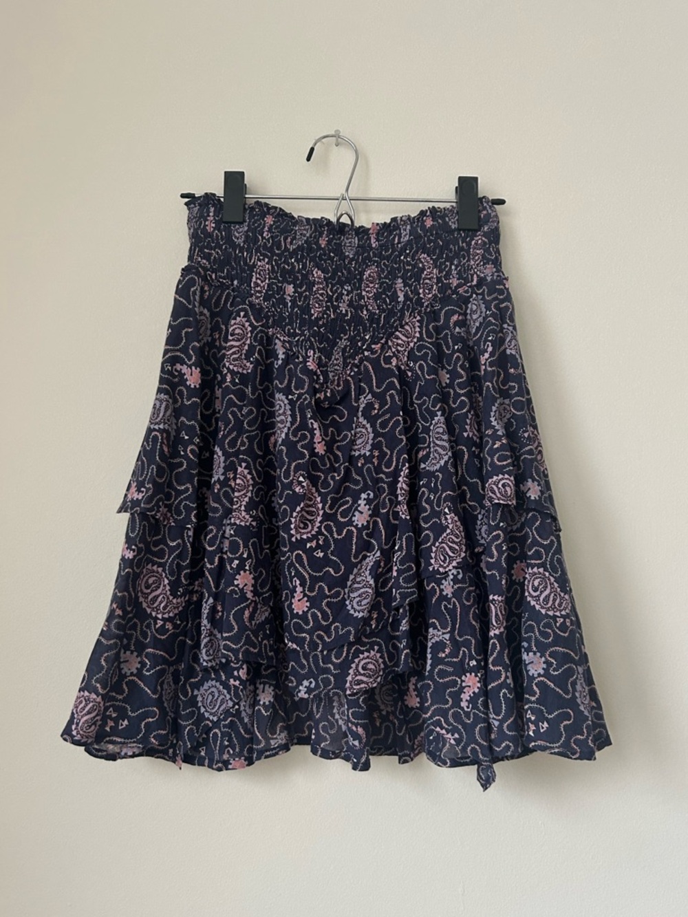 Isabel Marant Étoile Paisley Skirt Navy Blue Pink Smocked Ruffle Boho Feminine